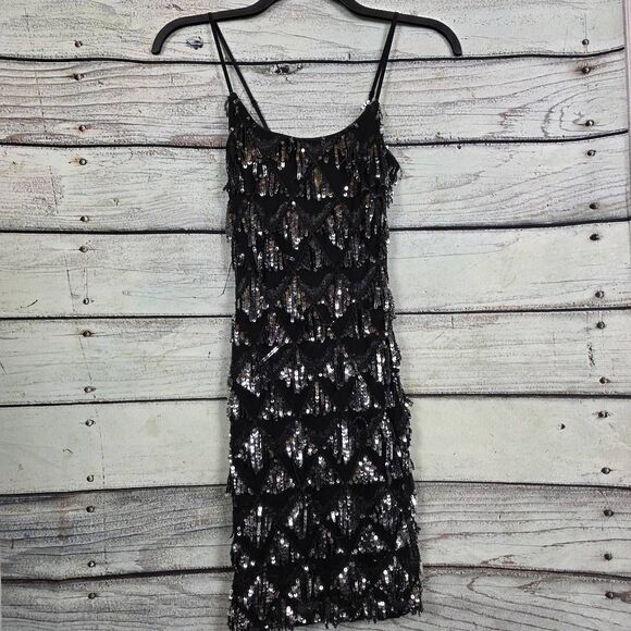 Crystal Doll Womens Sequin Fringe Mini Dress Black S - Picture 1 of 7
